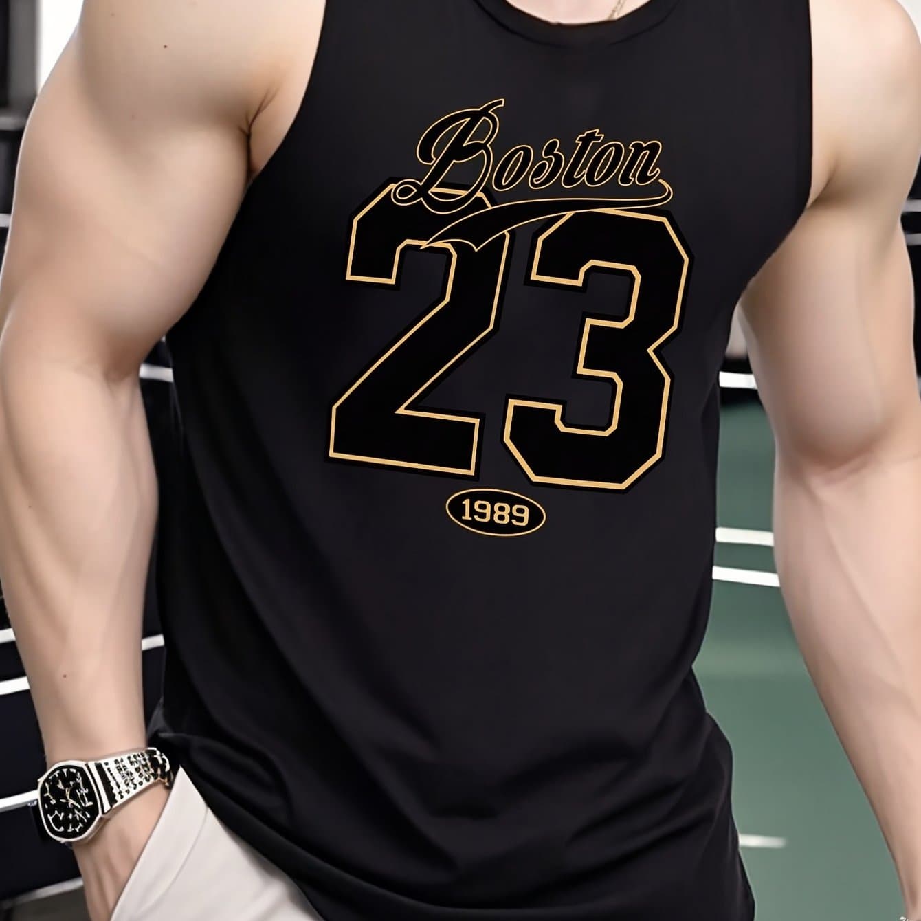 TEMU 1pc Men's Sports Vest, Boston 23 Printed Sports Vest, Regular-fit Sleeveless Fitness Wear, Soft And Comfortable Fabric, Suitable For Gym Exercise, Outdoor Activities, And Daily Casual Wear