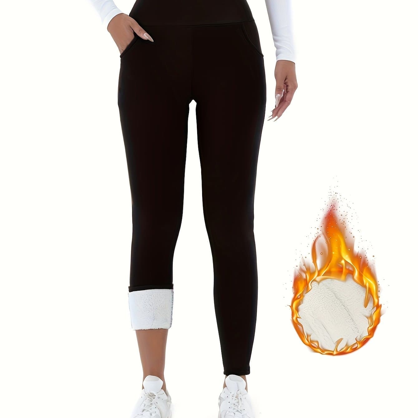 TEMU High-waisted Velvet Pants For Women Featuring Pockets - Warm And Thick Leggings Ideal For Winter, Fitness, Yoga, And Everyday Use