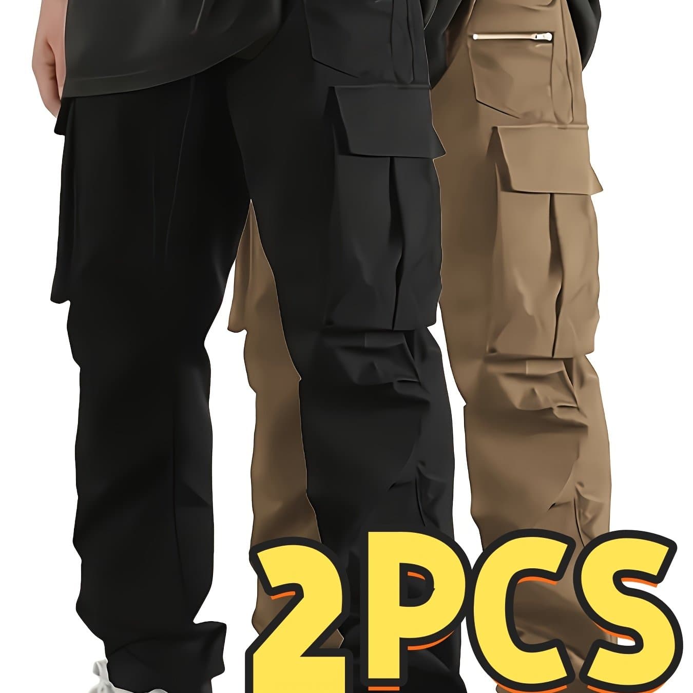 TEMU 2pcs Men's Fashion Cargo Pants, Casual Hiking Trousers, Breathable Comfortable Loose Straight Trousers With Multiple Pockets For Spring, Summer, Fall, Winter - Polyester