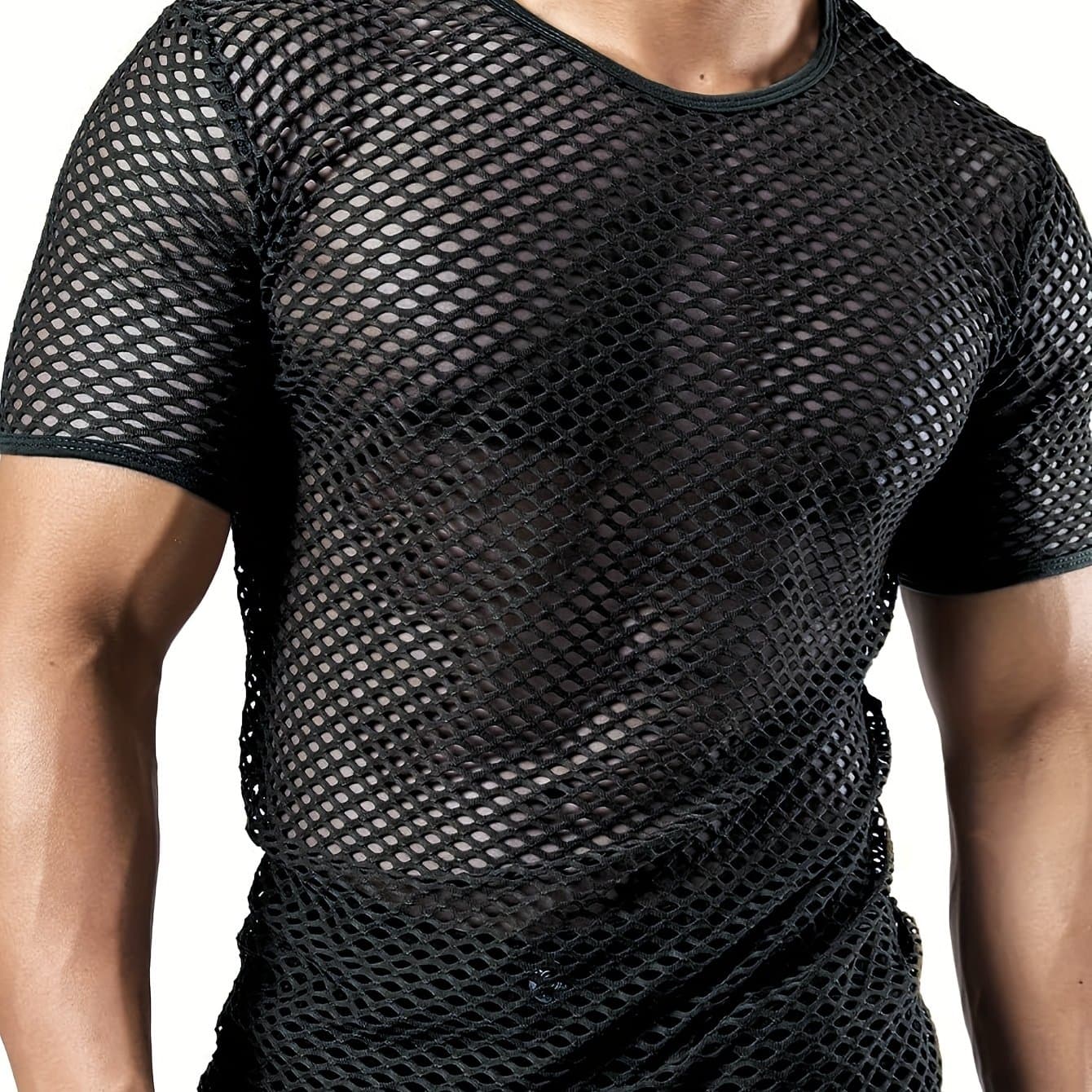 TEMU Mens's Sheer Fishnet Short Sleeve Breathable Large Mesh Hole Top T-shirts