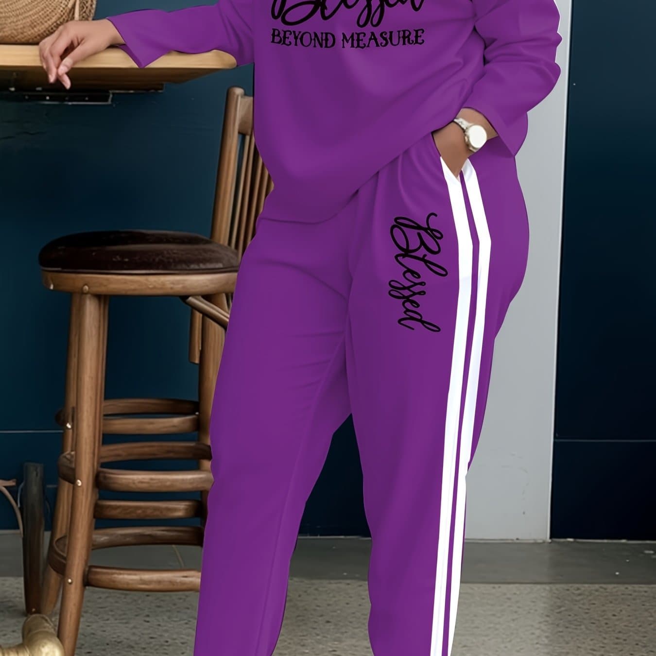 TEMU Plus Size - Plus Size - Women's Relaxed Two-piece Outfit, Featuring Striped Design, Includes Pockets On The Trousers