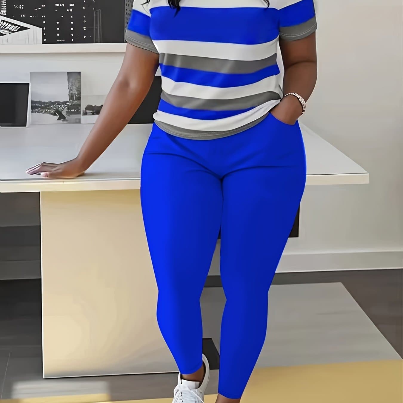 TEMU Plus Size - Plus Size - Plus Size Casual Spring And Summer Pants Set, Color Block Crew Neck Short Sleeve Top And Solid Color Pocket Pants Outfits, Women's Plus Size Clothing