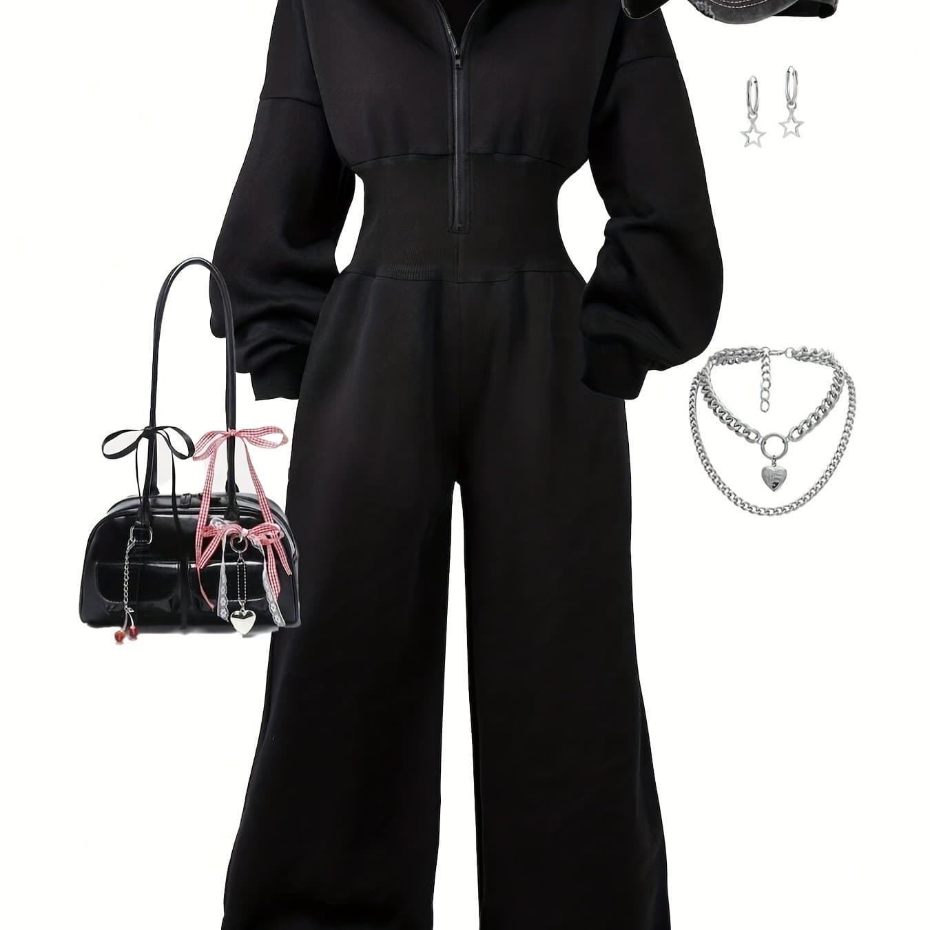 TEMU Women's Jumpsuit, Hooded Zip-up Sweatshirt And High-waist Long Pants