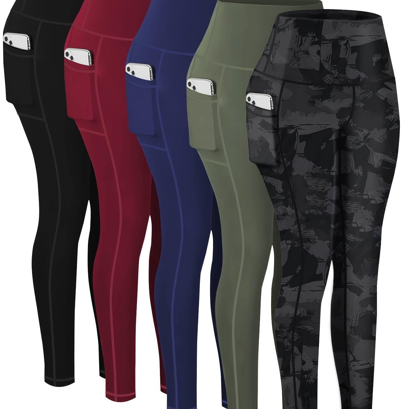 TEMU 5- Size Sports Leggings For Women, High-waisted Cropped Yoga Pants With Pockets, Fitness Running Compression Tights