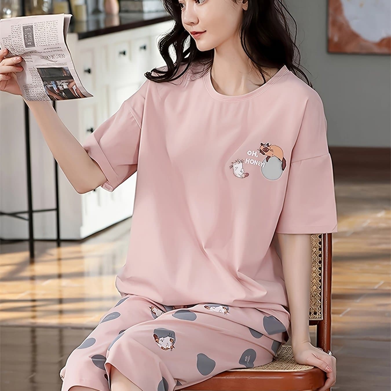TEMU Cartoon Ladies Cute Animal Kitten & Slogan Pajamas, Pink Round Neck Pullover Top Plus Capris Polka Dot Pattern Sleepwear, Summer Comfortable Casual Fit - Machine Washable