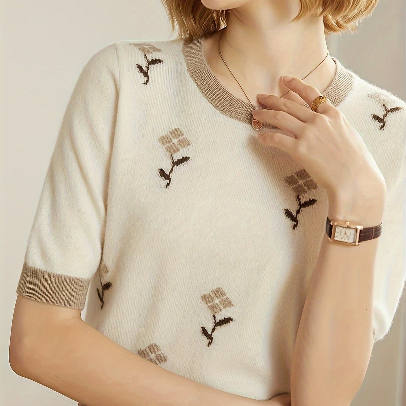TEMU Women's Floral Embroidered Short Sleeve Sweater - Round Neck Spring Summer Fall Top, Machine Washable Medium Stretch Elegant Casual Wear, Seasonal Fashion, Thin Knitwear, Texture