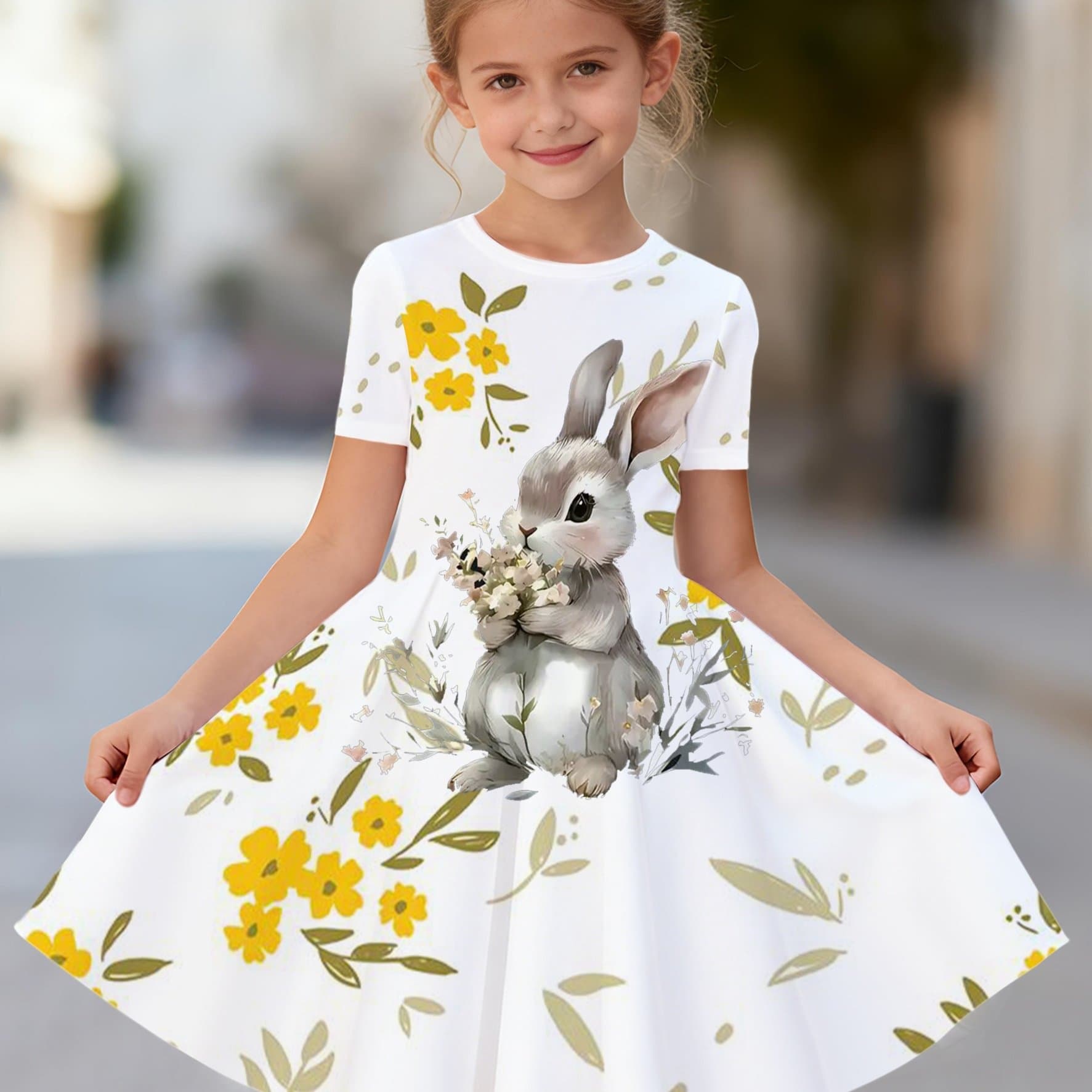 TEMU Girls' Rabbit Print Pattern Summer Short Sleeve Dress - Lightweight Beach Party Outfit, Round Neck Short Sleeve Flared Dress, Perfect For Girls And Beach