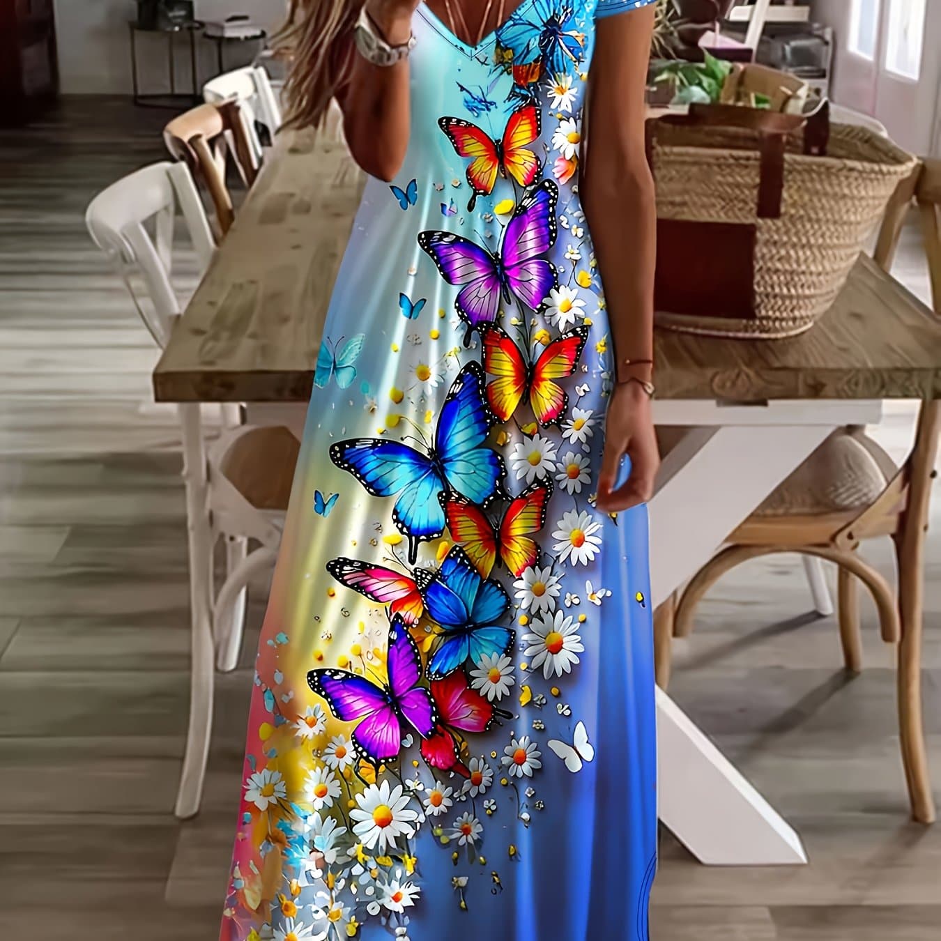 TEMU Plus Size, Women's Summer And White Daisy Print V-neck Short Sleeve Dress
