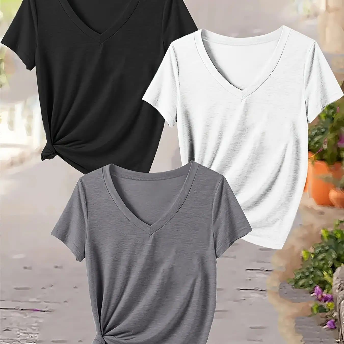 TEMU 3pcs Of Solid Color V-neck T-shirts, Casual Short-sleeve T-shirts For Spring And Summer, Women's Clothing