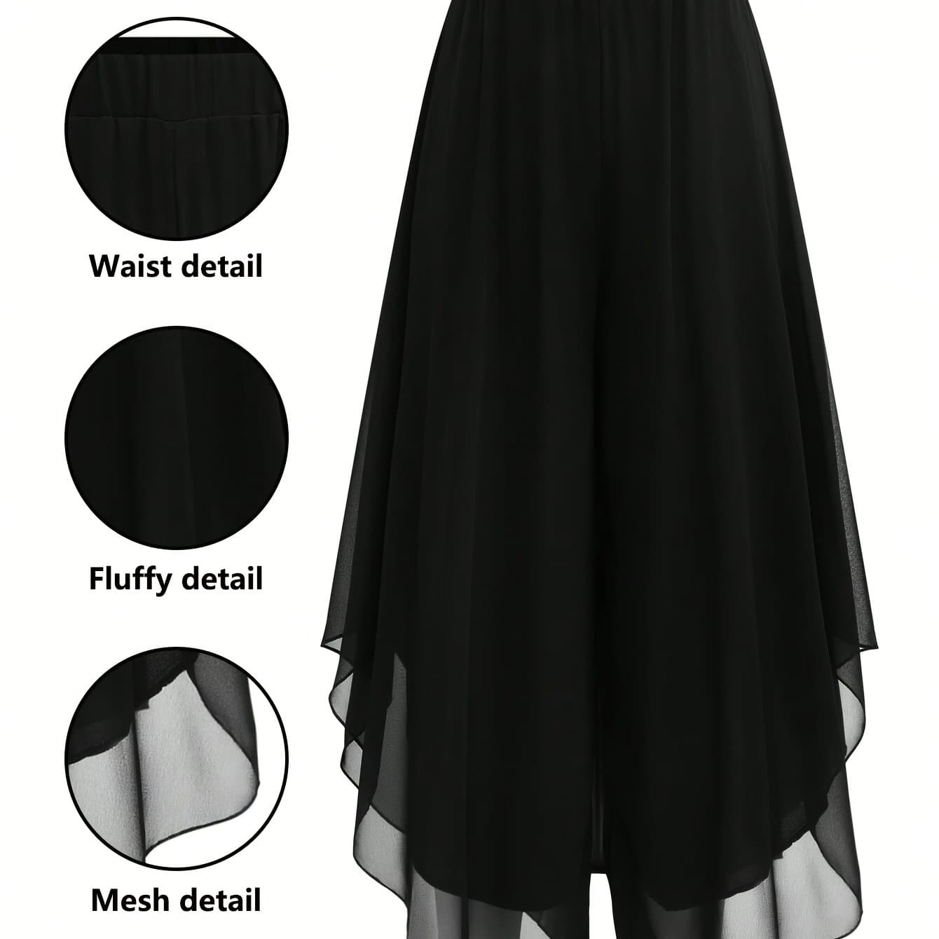 TEMU Women's Elegant Chiffon Flared Pants - Black & Gray Asymmetrical Hem, Flowy & Stylish For Casual Or Dressy Occasions, Versatile Fashion Pants | Asymmetrical Hem Pants | Stylish Chiffon Pants