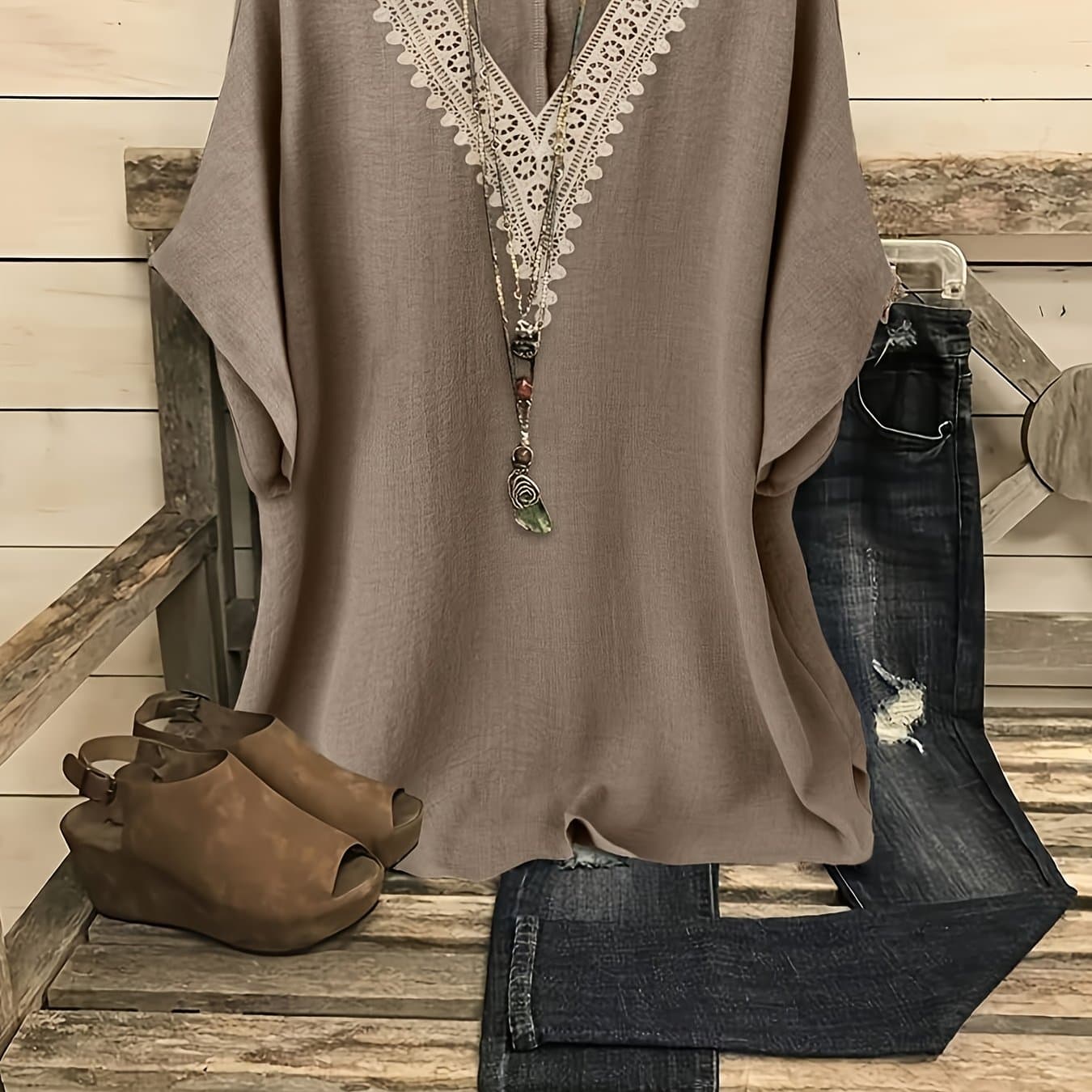 TEMU Plus Size, Large Women's Fashionable And Versatile Solid Color Lace Collar Top, Elegant Women's V-neck Short Sleeved Shirt