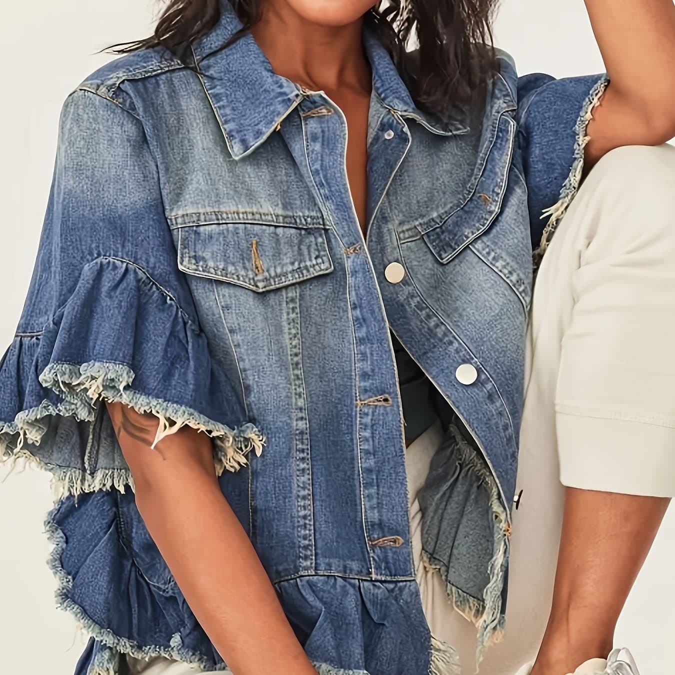 TEMU Designer Style Pleated Loose Cuffs And Loose Hem Denim Jacket