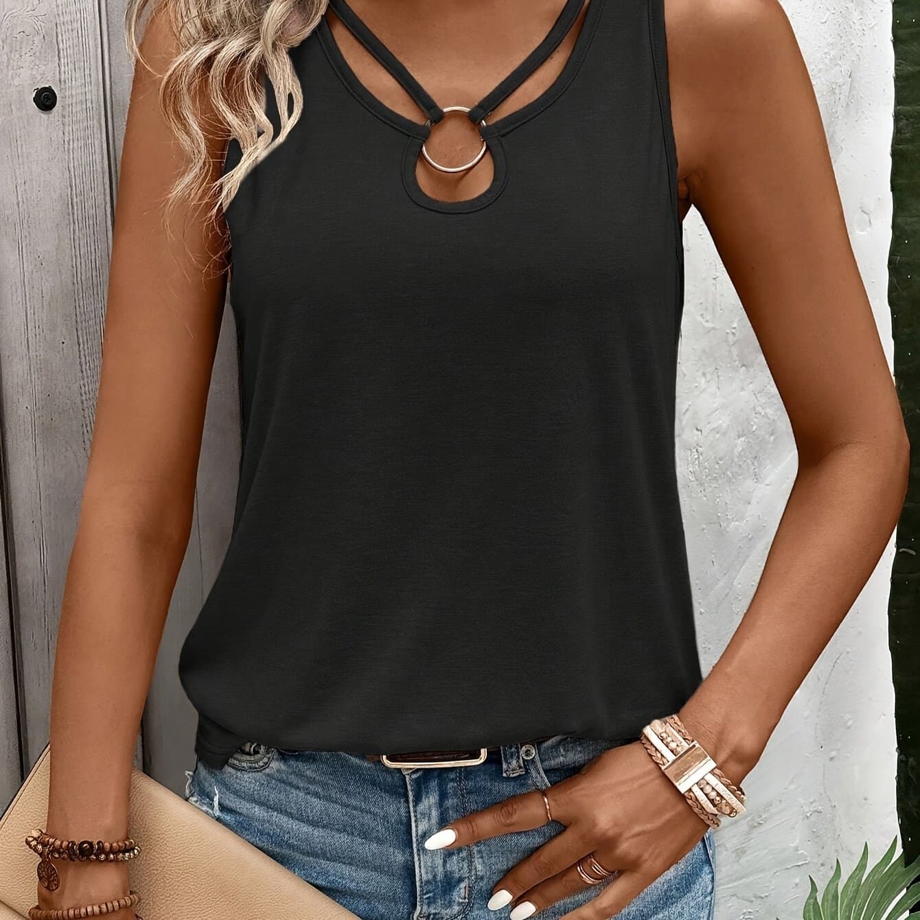 TEMU Women's Summer Casual Tank Top - Elegant Semi-sheer Round Neck, Breathable Machine-washable Solid Color Top For Casual & Formal Outfits, Easycare Clothing
