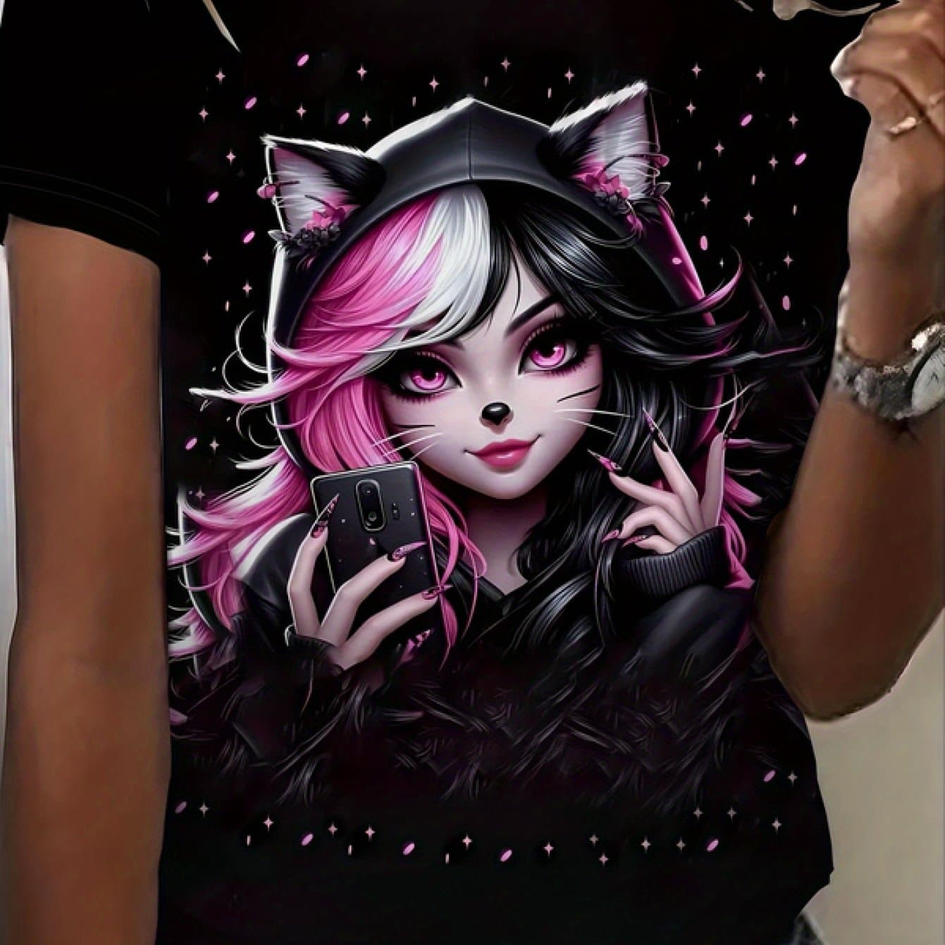 TEMU Women's Anime Cat Ear Graphic T-shirt - Japanese Print Short Sleeve Crew Neck Top, Casual Summer & Spring Tee For , Themed Events & Casual Attire