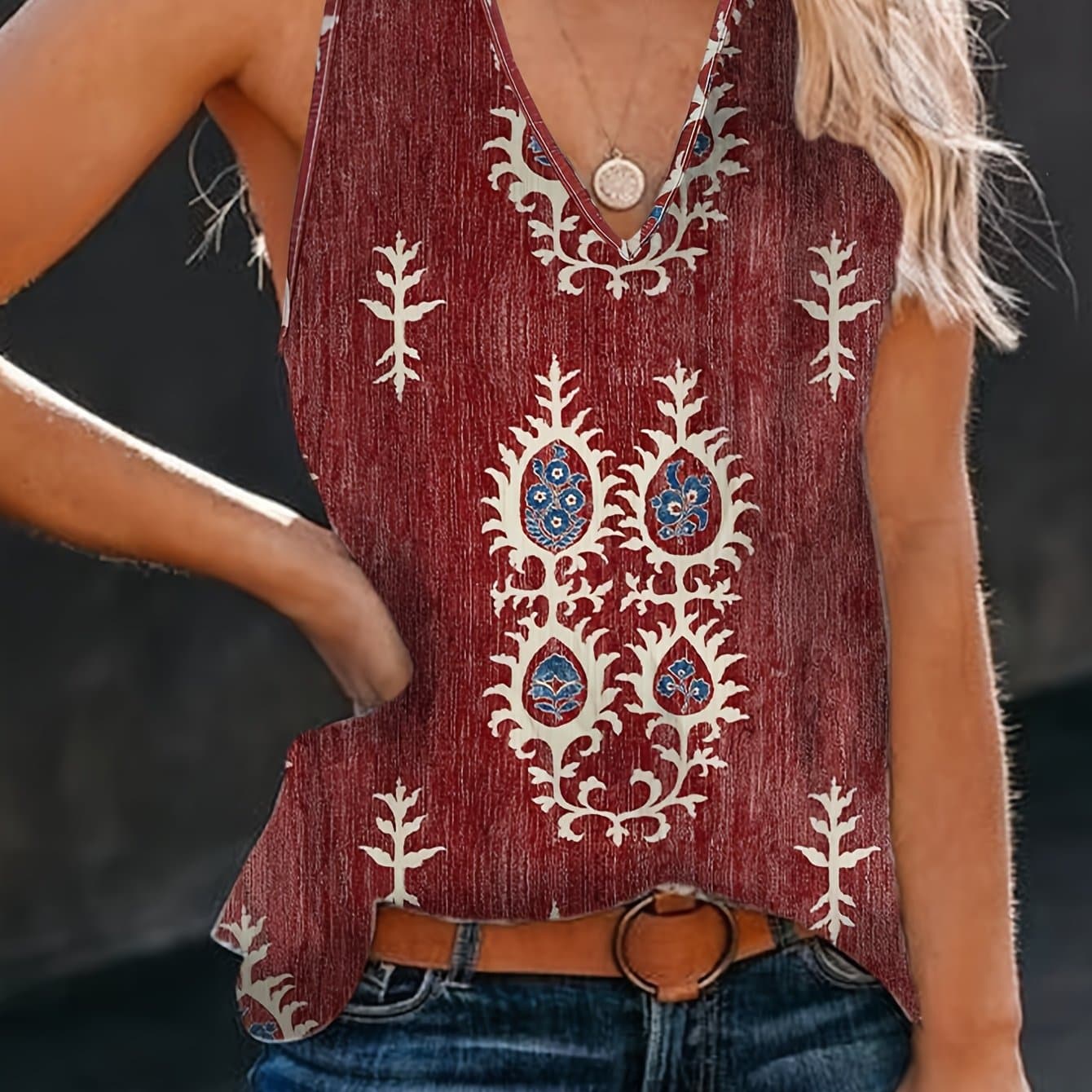 TEMU Women's Retro Bohemian Ethnic Print V-neck Sleeveless Vest - Lightweight Summer Fashion Top With Maroon Background, Machine Washable For Casual Outfits, Outfit Enhancer | Nontransparent Fabric