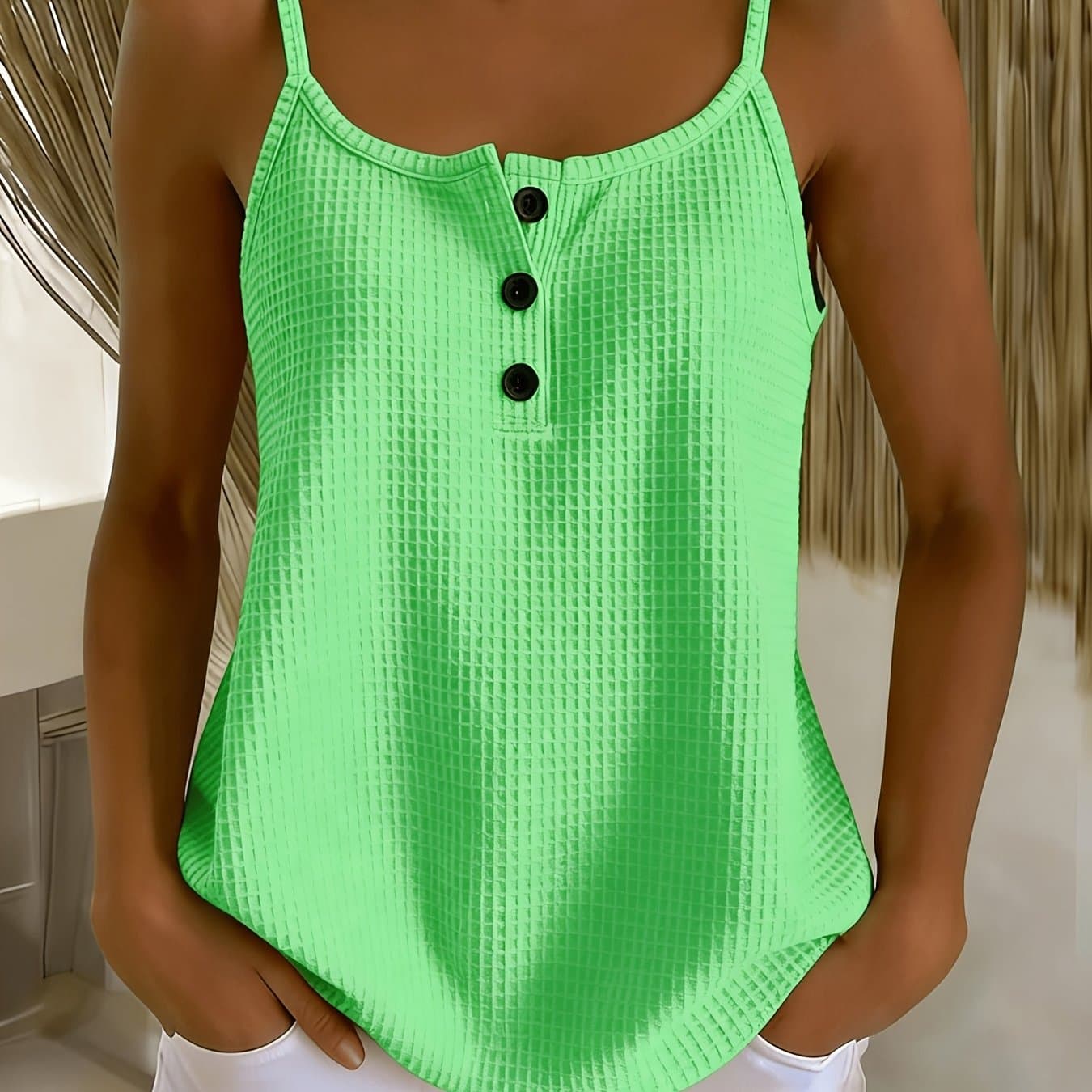 TEMU Plus Size - Plus Size - Plus Size Women's Waffle Spaghetti Strap Tank Top, Sleeveless Henley Collar Three-button Design Shirt, Summer Loose Breathable Base Shirt