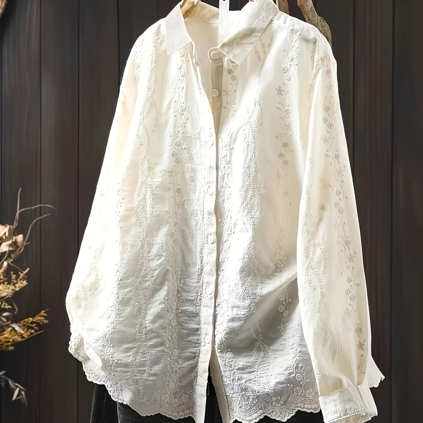 TEMU Spring New Embroidered Loose Long Sleeve Shirt Versatile Casual Lapel Top Women's