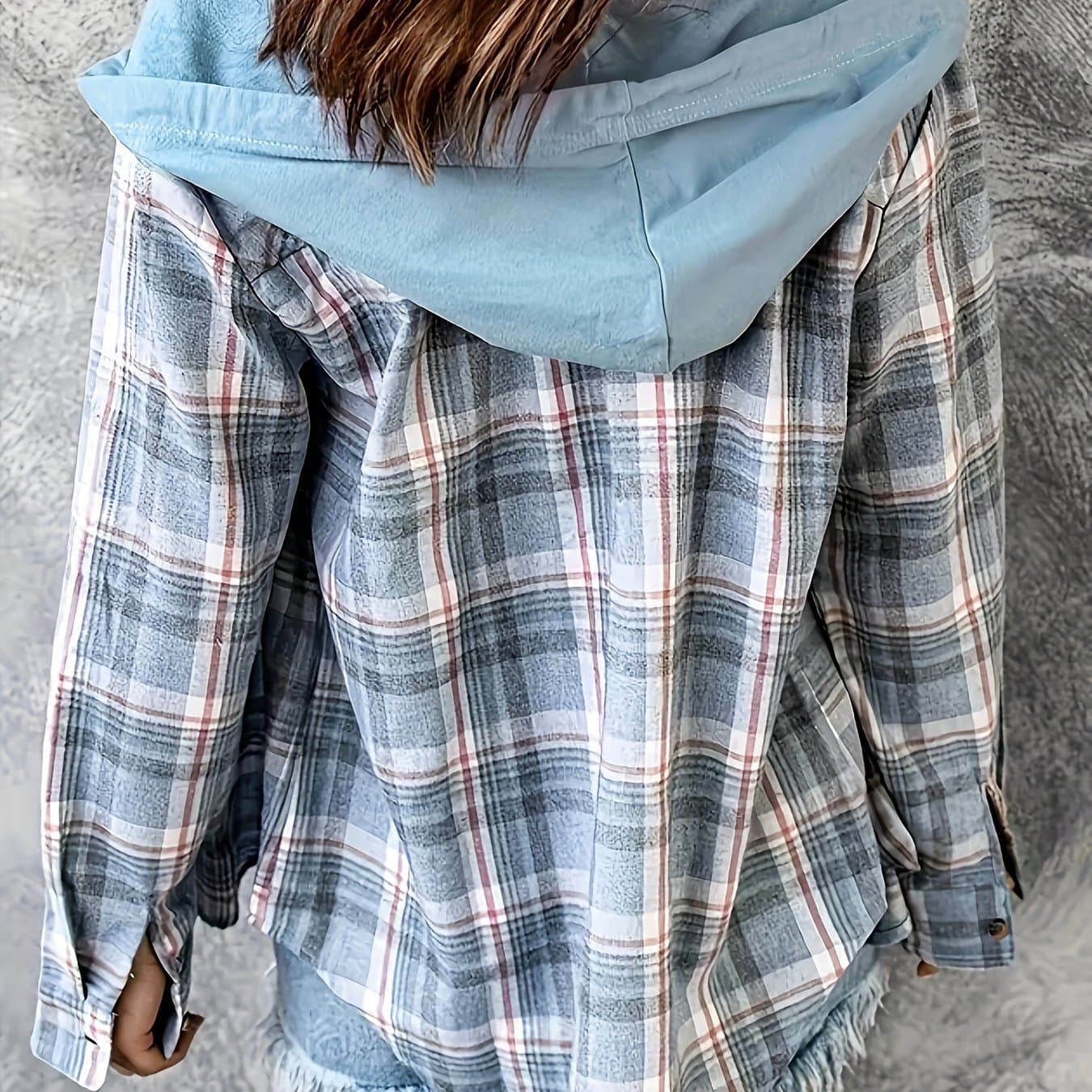 TEMU Casual Shirt, Women's Long-sleeve Button-up Hoodie With Checkered Print And Drawstring