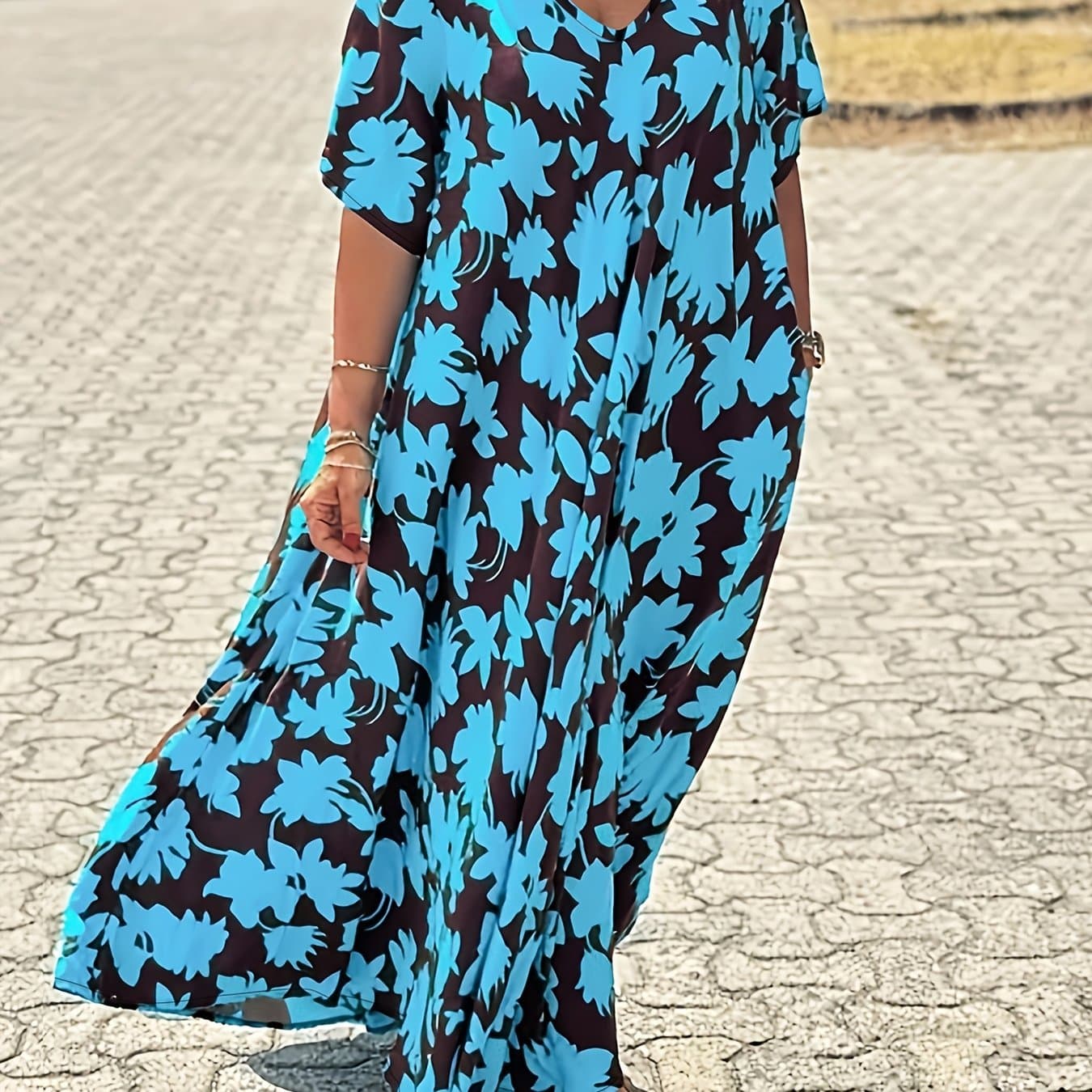 TEMU Plus Size, V-neck Casual Plus Size Floral Dress Az134