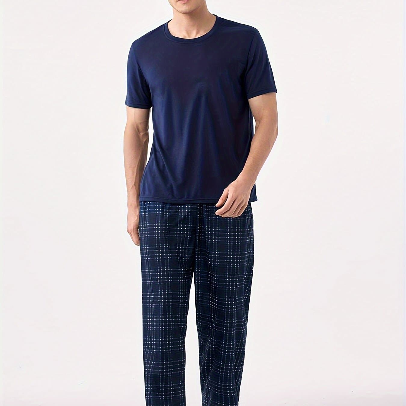TEMU Men's Navy Short-sleeved Long Pants Crew Neck Pullover Pajamas Homewear Set