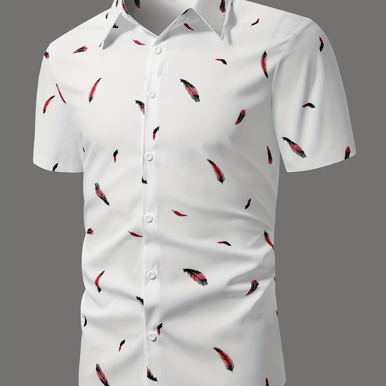TEMU Men's Casual Short-sleeve Hawaiian Shirt With Feather Print, Perfect For Summer Vacations