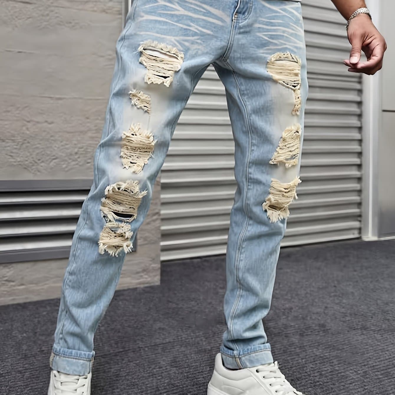 TEMU Men Ripped Frayed Bleach Wash Jeans Casual Slim-fitting Distressed Wear Denim Menswear