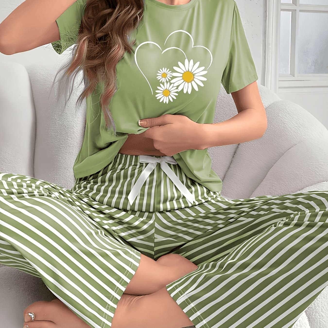 TEMU Set Of 2pcs For Women Featuring A Casual And Comfy Heart-patterned Short-sleeve Top With Striped Long Pajama Pants