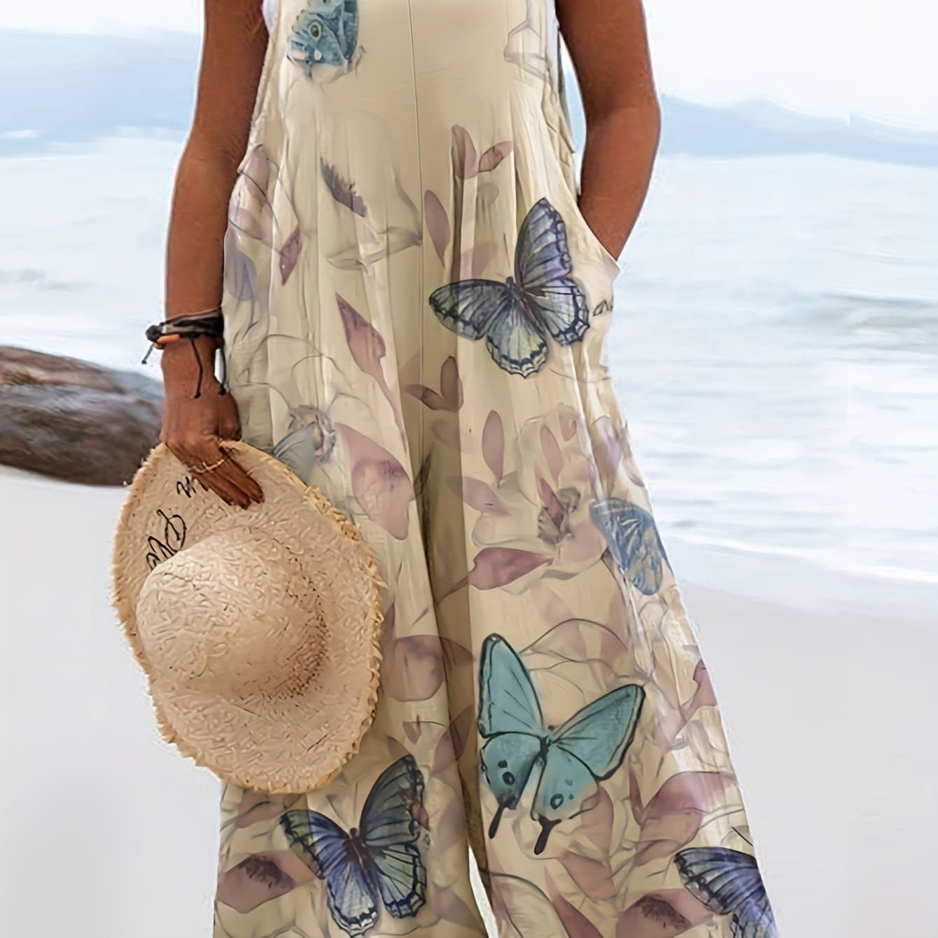 TEMU Plus Size - Plus Size - Spring And Summer Season Fake Print Elegant And Fashionable Casual Women's Plus Size Jumpsuit With Pocket [directional]