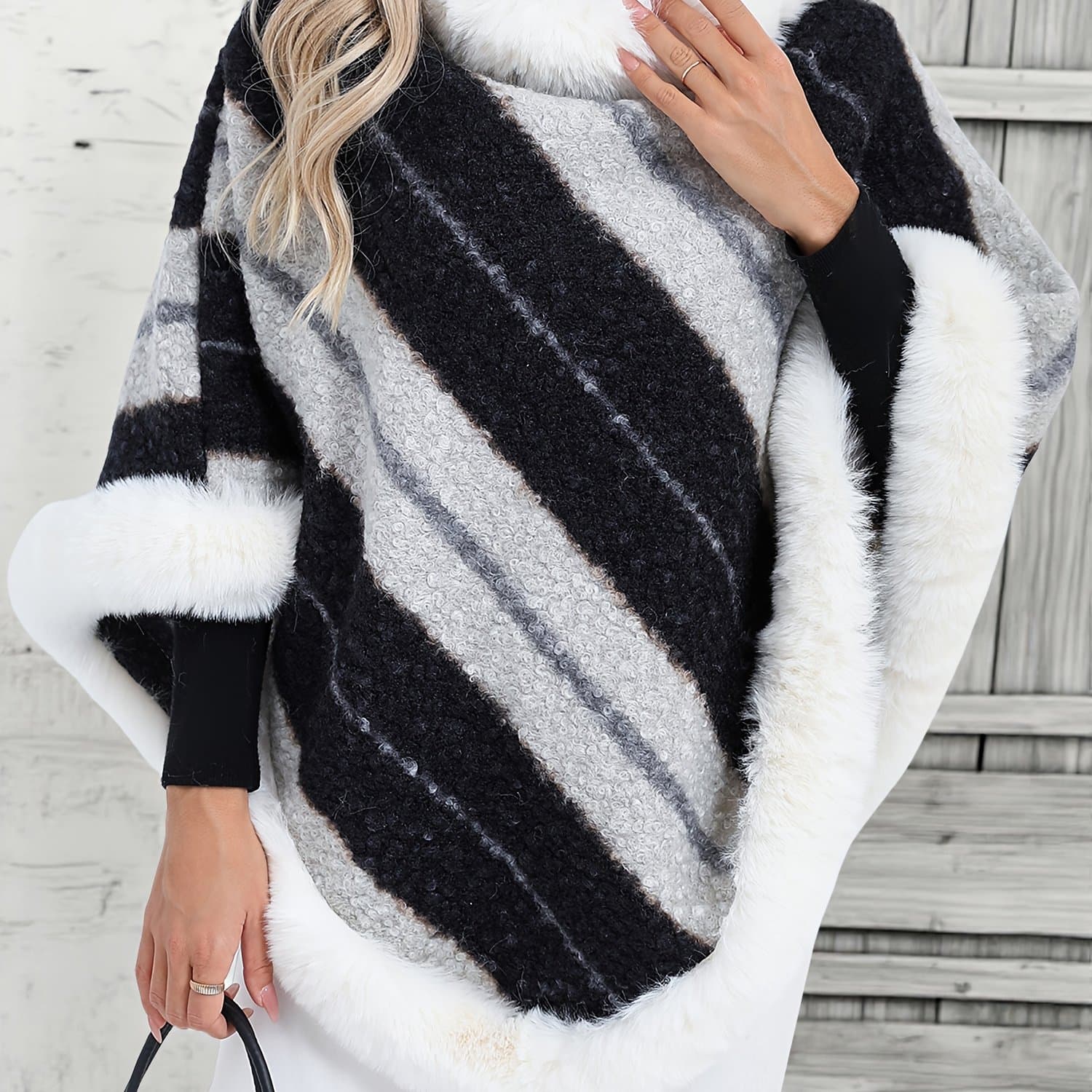 TEMU Elegant Special Edition " Bust" - 1pc Elegant Women's Round-neck Black And White Striped Shawl Pullover, With Trim, 100% Polyester Fiber, Stylish And Elegant European/ Thickened Warm Pullover