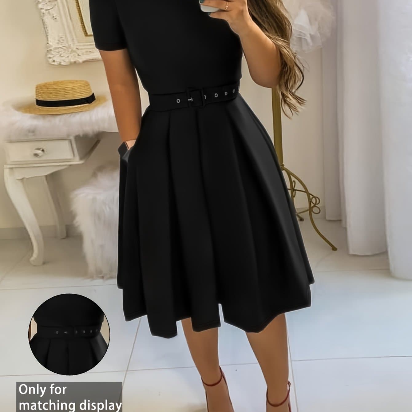 TEMU Spring/summer New Elegant Commuting Style Waist-cinching Round Neck Midi Length Flared Skirt For Office Dating, Simple And Exquisite Women's Versatile Dress[no Belt]