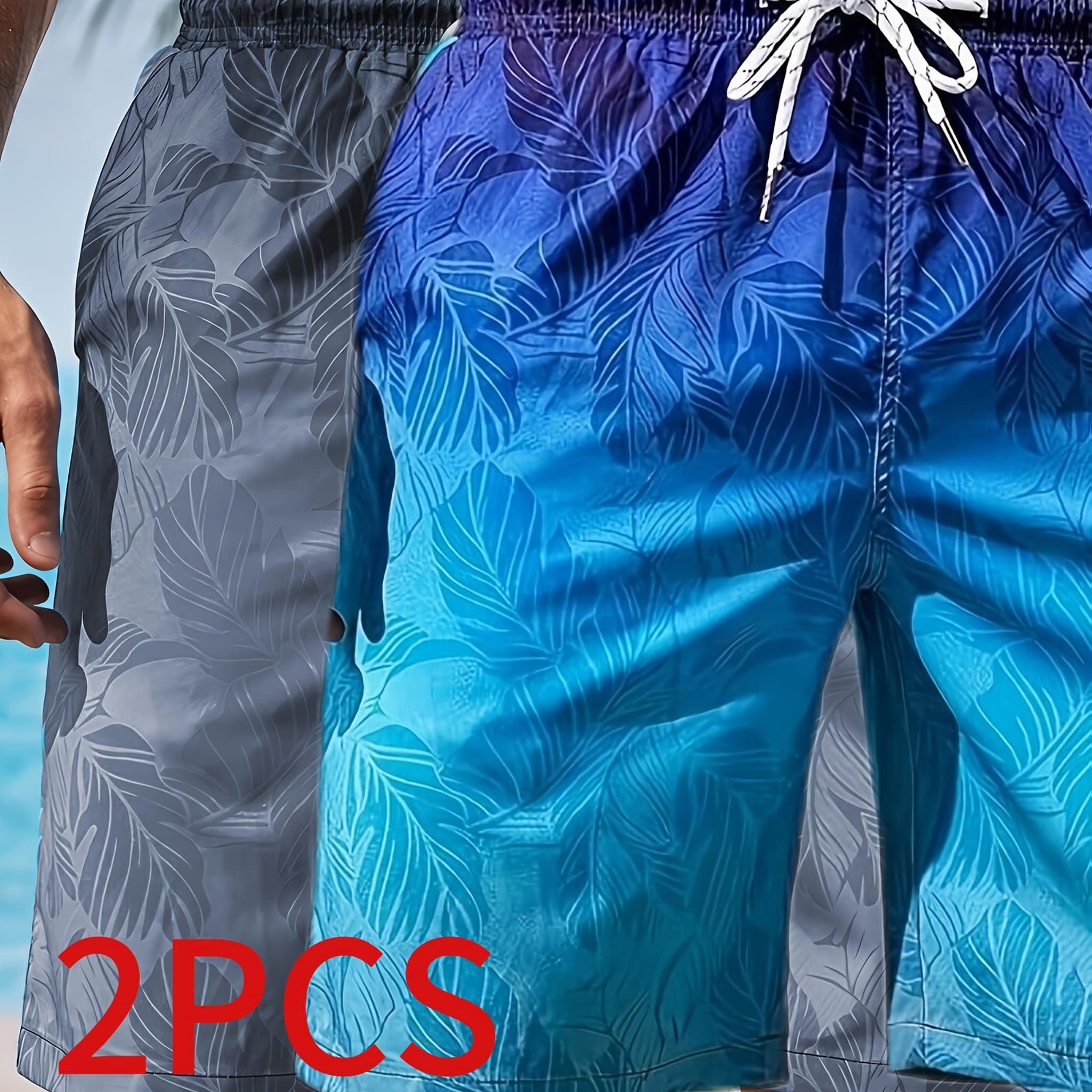 TEMU 2pcs Set, Bermuda Shorts For Men, Casual Botanical Gradient Print Beach Shorts, Breathable, Ultra-lightweight, Quick-drying Outdoor Vacation Surf Shorts