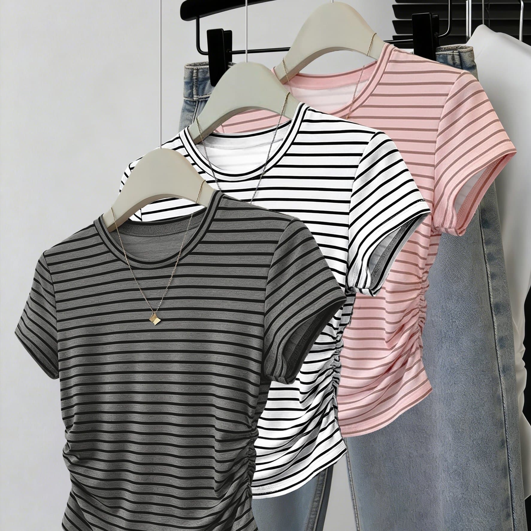TEMU Three-piece Set, Striped Side Waist Drawstring Design, Solid Color Round Neck Short-sleeved T-shirt For Women, Slim Fit, Versatile Basic Top
