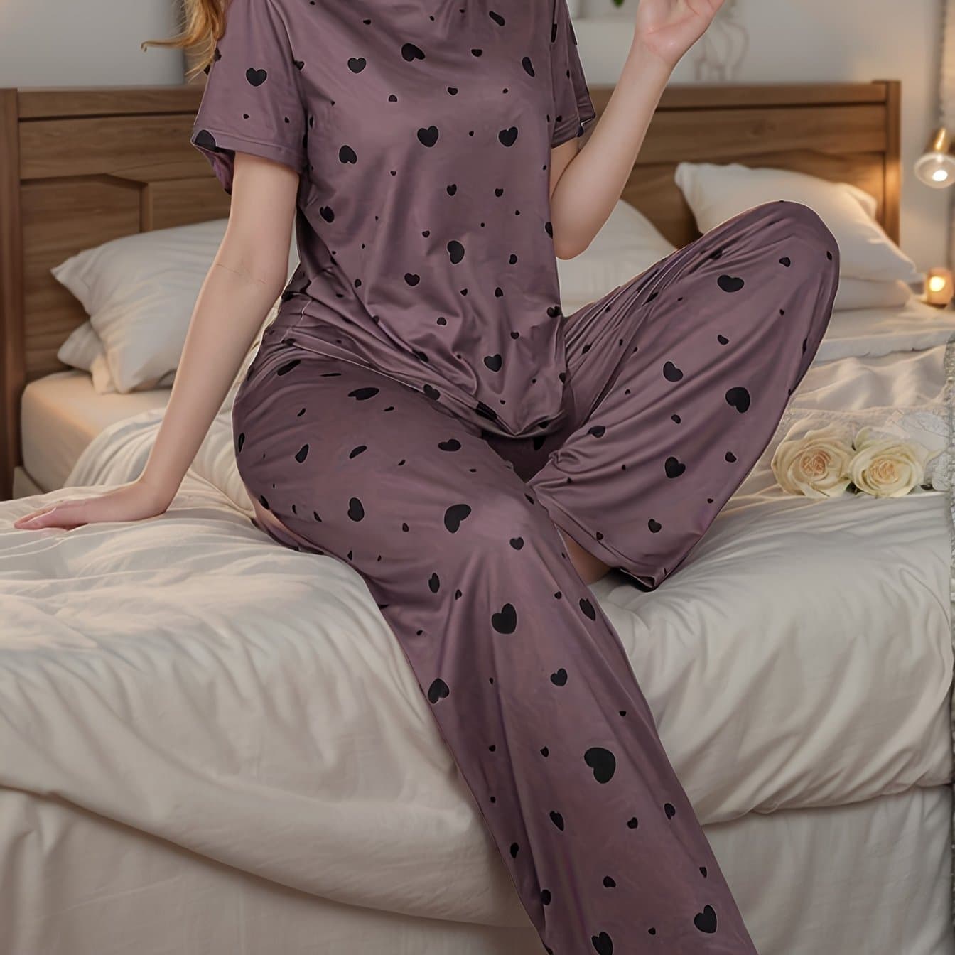 TEMU Women's Short-sleeve Pajama Set With Heart Pattern - Casual Round Neck, Suitable For All , Featuring , Perfect For , Loose-fitting Pajamas | | , Women's Sleepwear