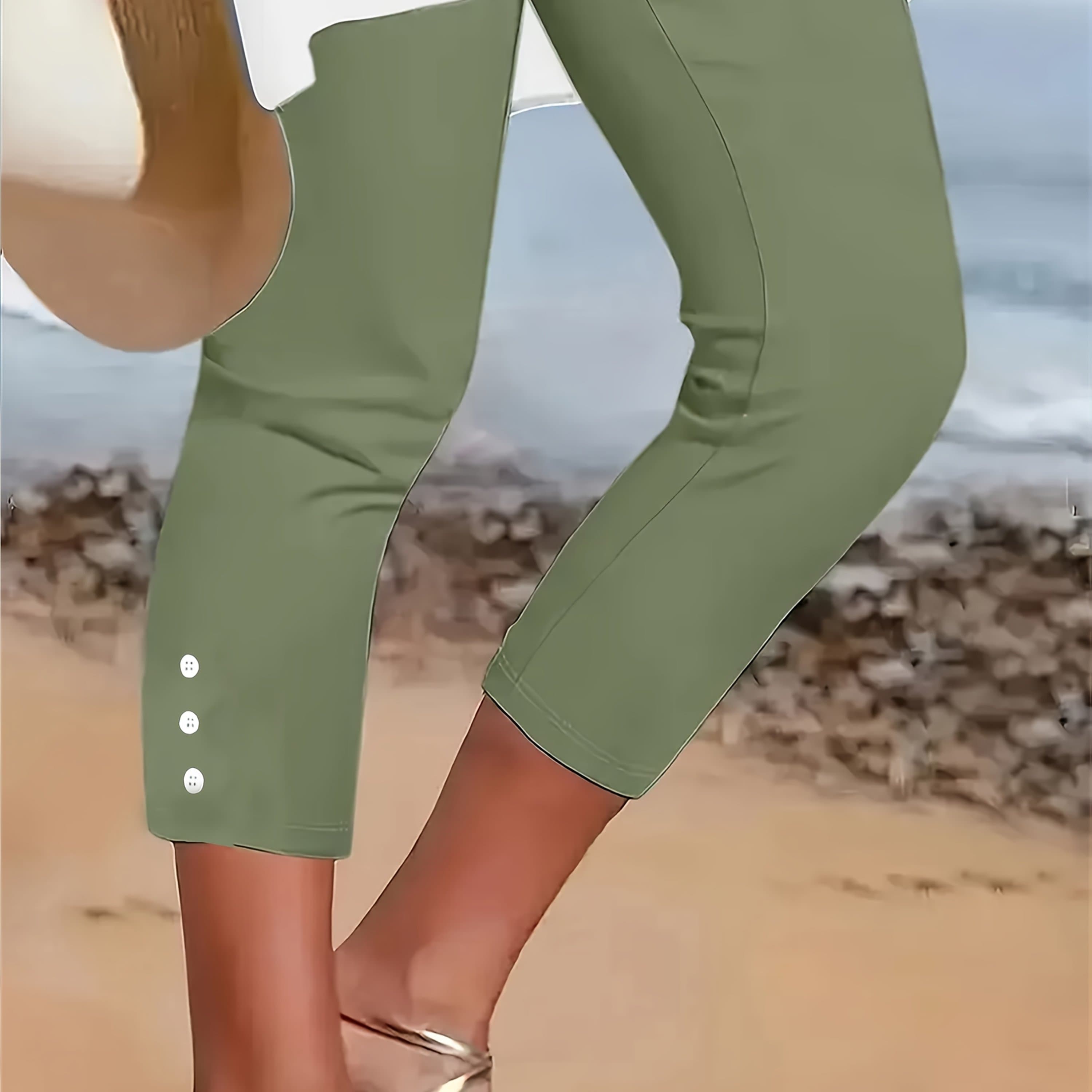 TEMU Women's Elegant Solid Color Capri Pants - Stretchy Button-front Design, Machine Washable Spring/summer Casual To Dressy Trousers, Summer Trousers, Nontransparent Fabric