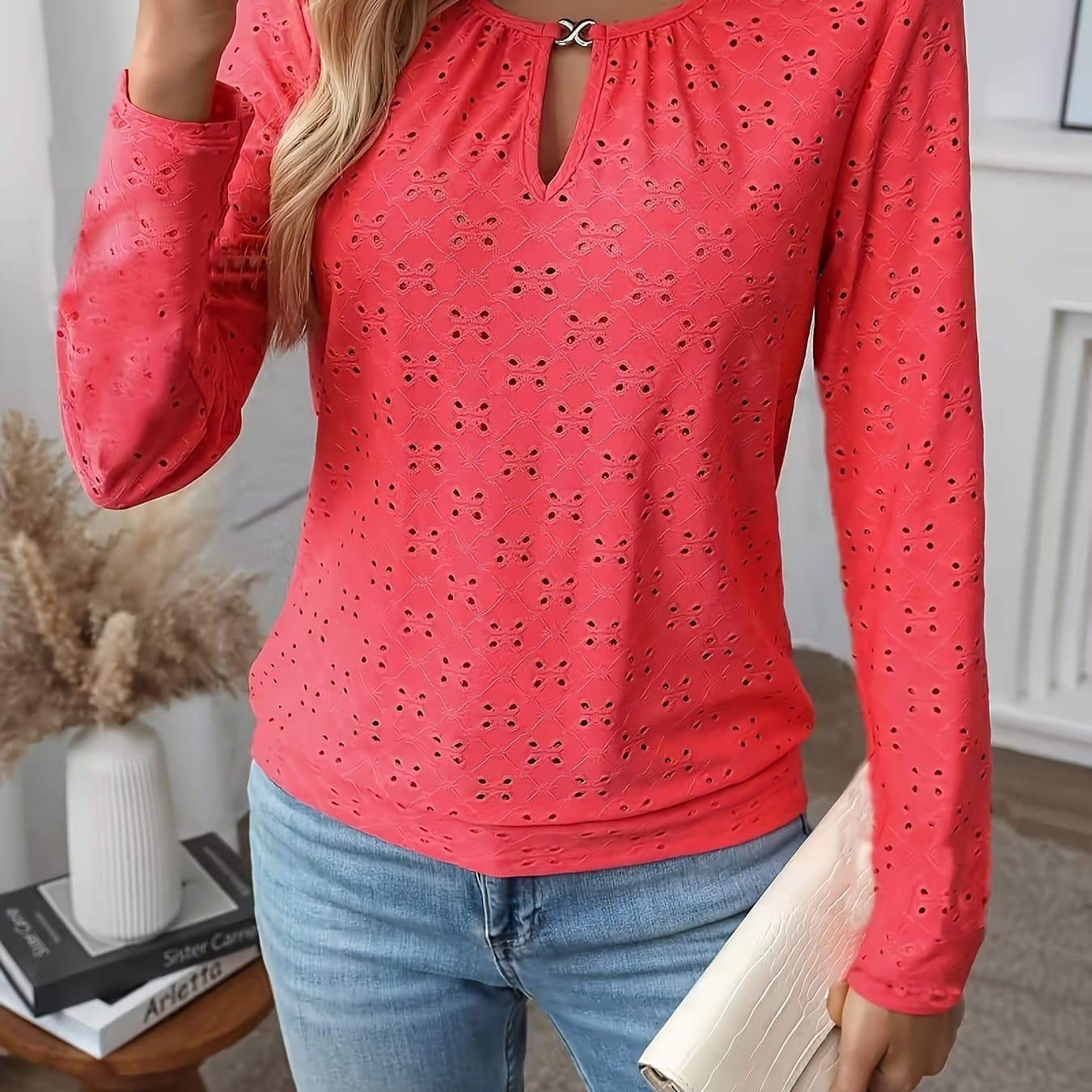 TEMU Women's Elegant V-neck Long Sleeve Blouse - Sheer Formal Casual Top, Office And Party Essential, Casual Wear, Decorative Button Detail, Medium Stretch