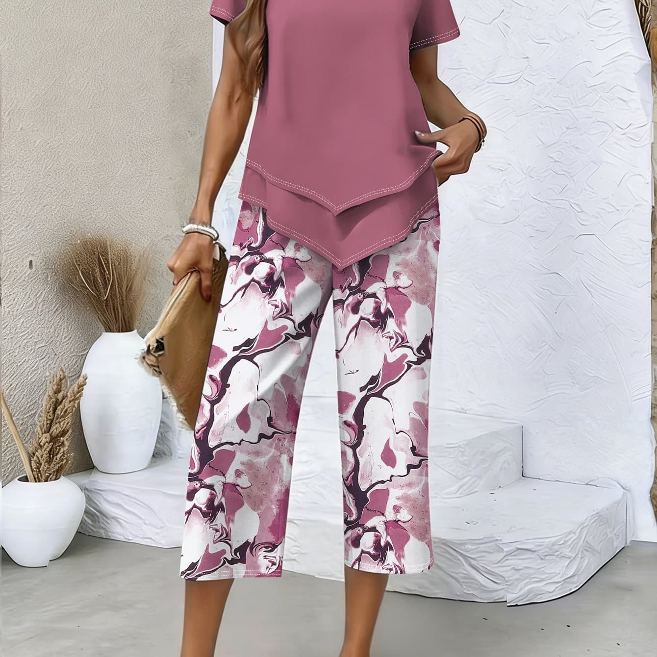 TEMU Plus Size - Vacation Spring And Summer New Drawing Printed Casual Commuting Versatile Size Women's Pants Set, Plus Size T-shirt, Plus Size Pants, Two-piece Set