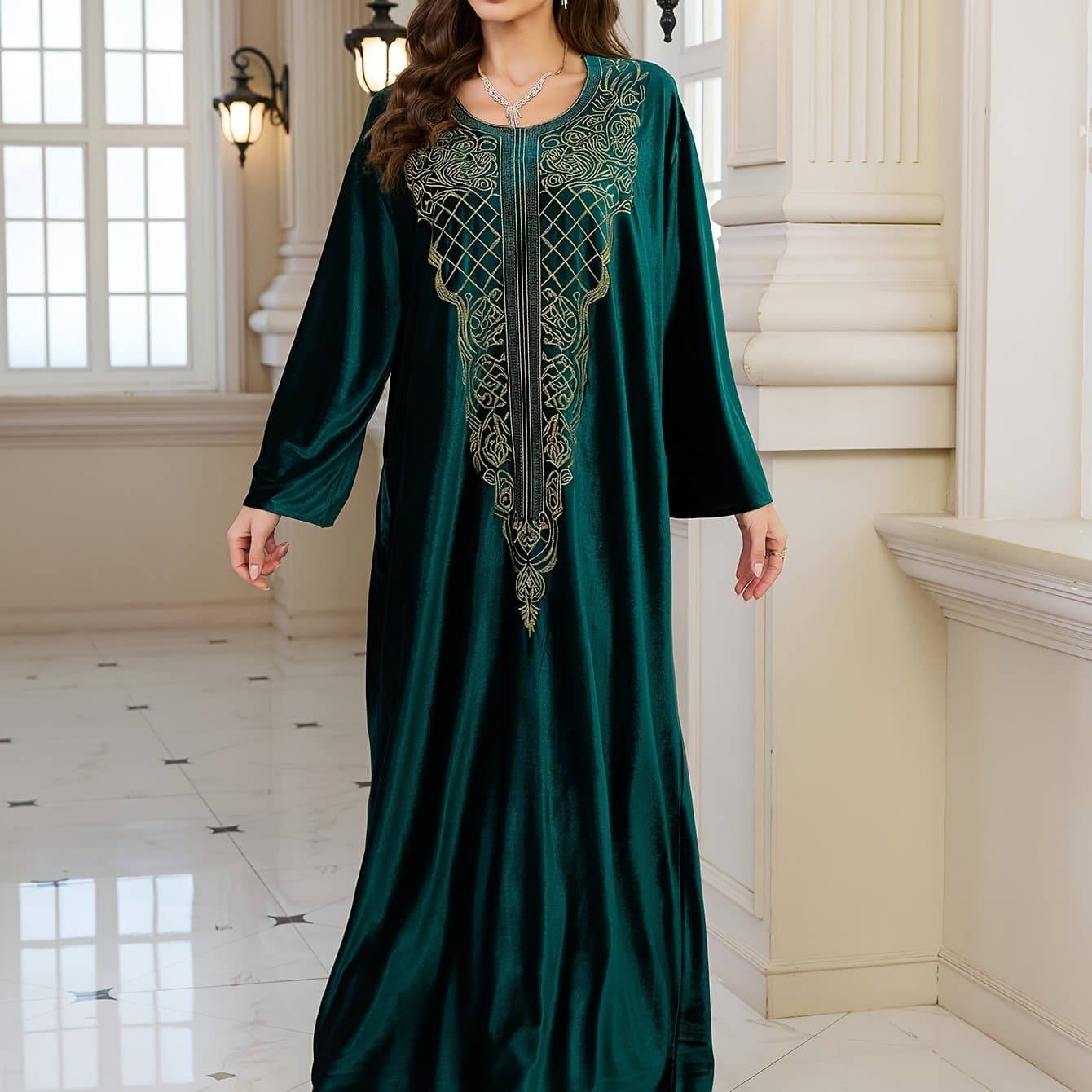 TEMU Plus Size, Luxurious Velvet Golden- Embroidered Robe, Loose Round-neck Dress, Beach Cover-up Suitable For Vacation, Bikini Clothing.