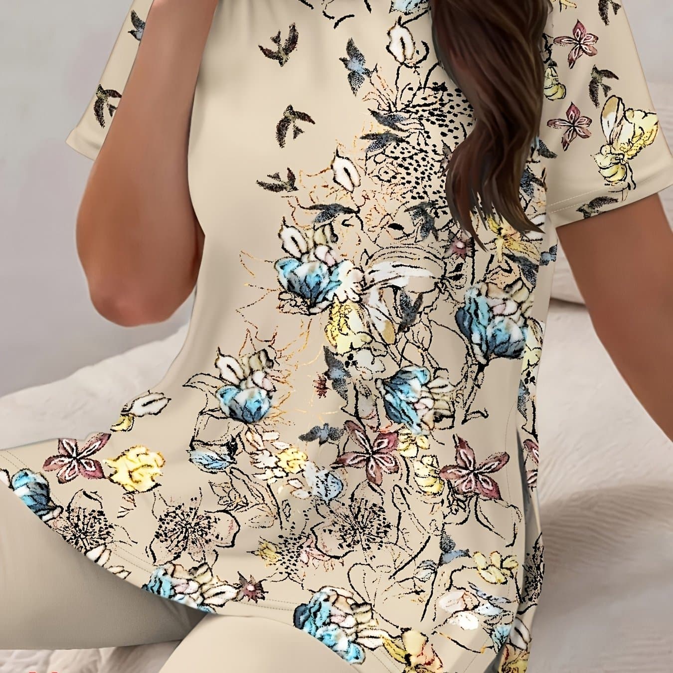 TEMU Women's Plus Size Retro Floral Short Sleeved Top, Almond Bottom+contrasting European Floral Print Side Slit T-shirt, Slim, Soft And Comfortable, Machine Washable, Single Piece Top,