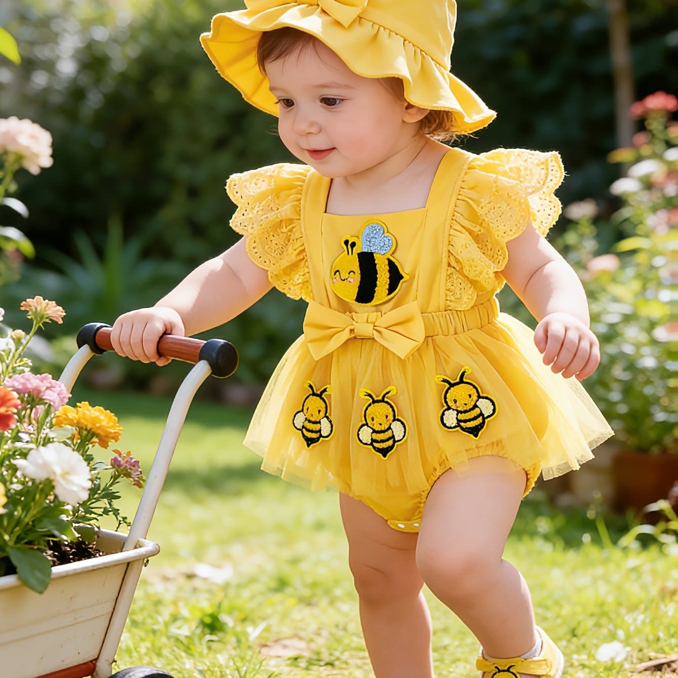 TEMU Baby Girl Summer Jumpsuit Set: Sleeveless Chiffon Jumpsuit And Matching Sun Hat, Suitable For Outdoor ( Months)