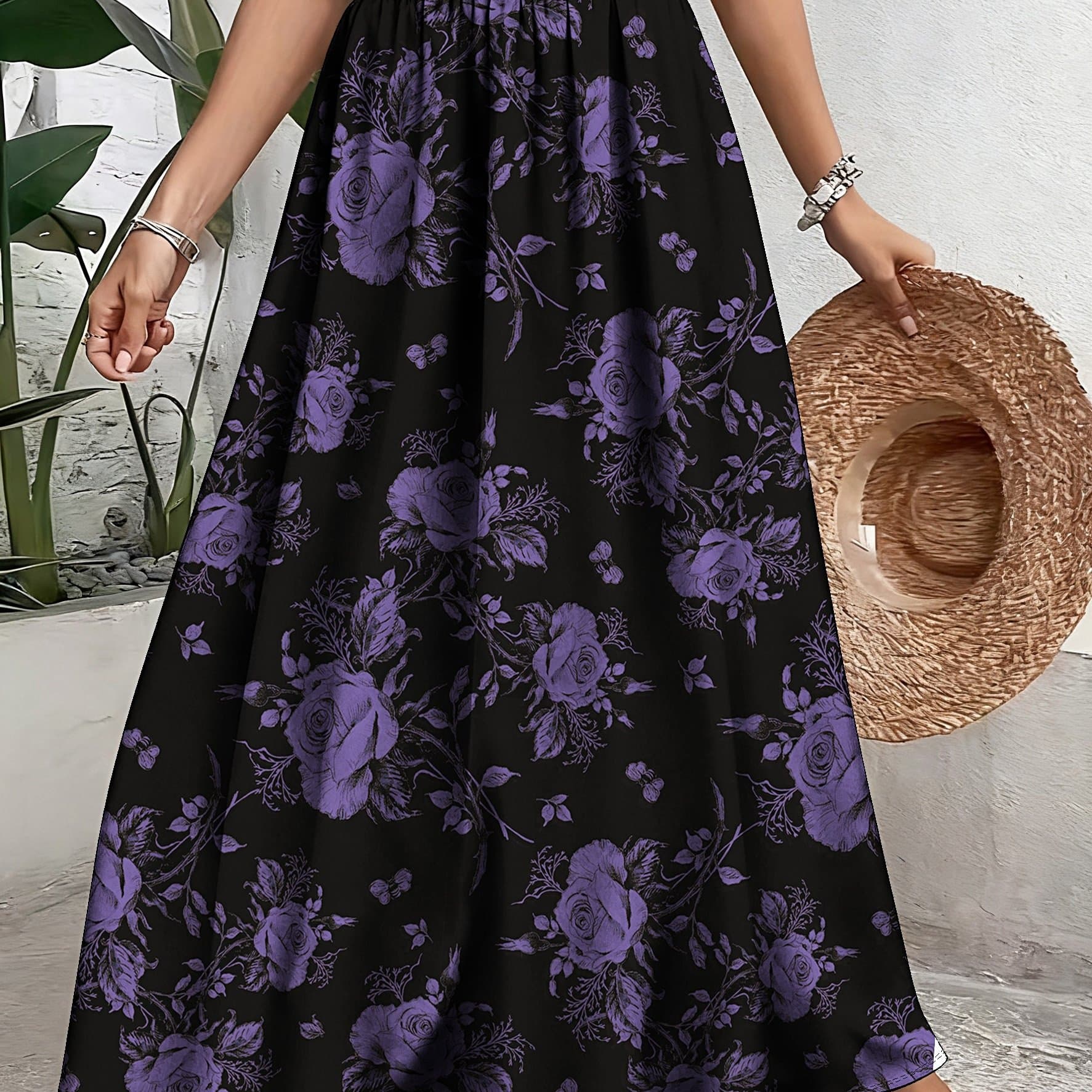 TEMU Plus Size, Elegant Floral Print Polyester Skirt - Casual A-line, Non-stretch Fabric, With Elastic Waistband And Hem, Machine Washable - Wear thumbnail 2