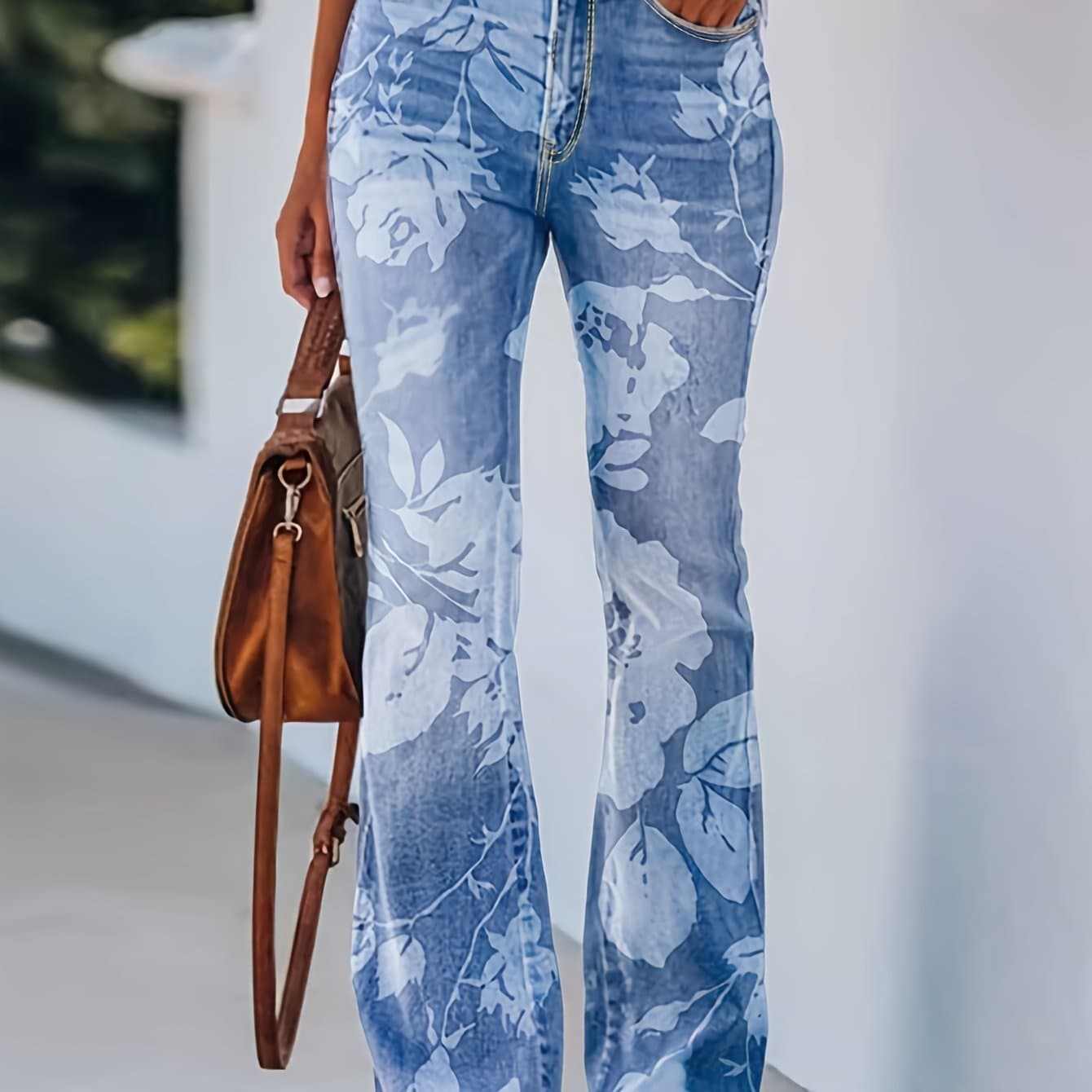 TEMU High-waisted Elastic Printed Wide-leg Retro Flared Pants For Women, Versatile And Stylish Jeans For Everyday Wear