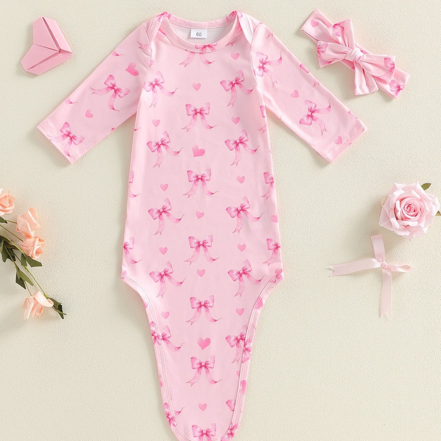 TEMU Newborn Baby Gowns With Matching Bow Headband Or Top Knot Hat Long Sleeve Cute Print Infant One-piece Romper Daily And , Perfect For Outdoor
