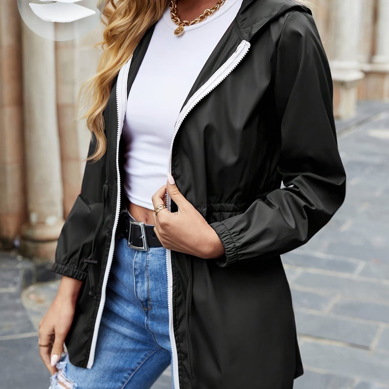 TEMU Comfortable Casual Solid Color Long Sleeve Zipper Waist Drawstring Hooded Jacket, Fashion Women's Outerwear
