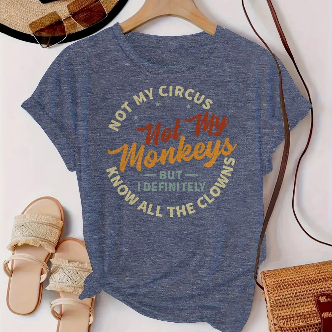 TEMU Women's "not , Not My Monkeys" Graphic T-shirt - Soft, Light Beige-friendly, Casual & Sporty Round Neck Short Sleeve Top, Versatile Tee With Lettering, Ladies T Shirts