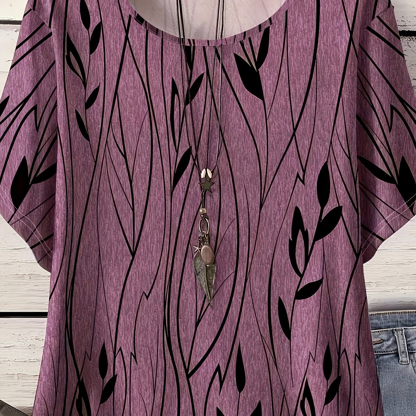 TEMU Casual Leaf Pattern Short Sleeve Elegant Fashion Daily Versatile Women's T-shirt Top