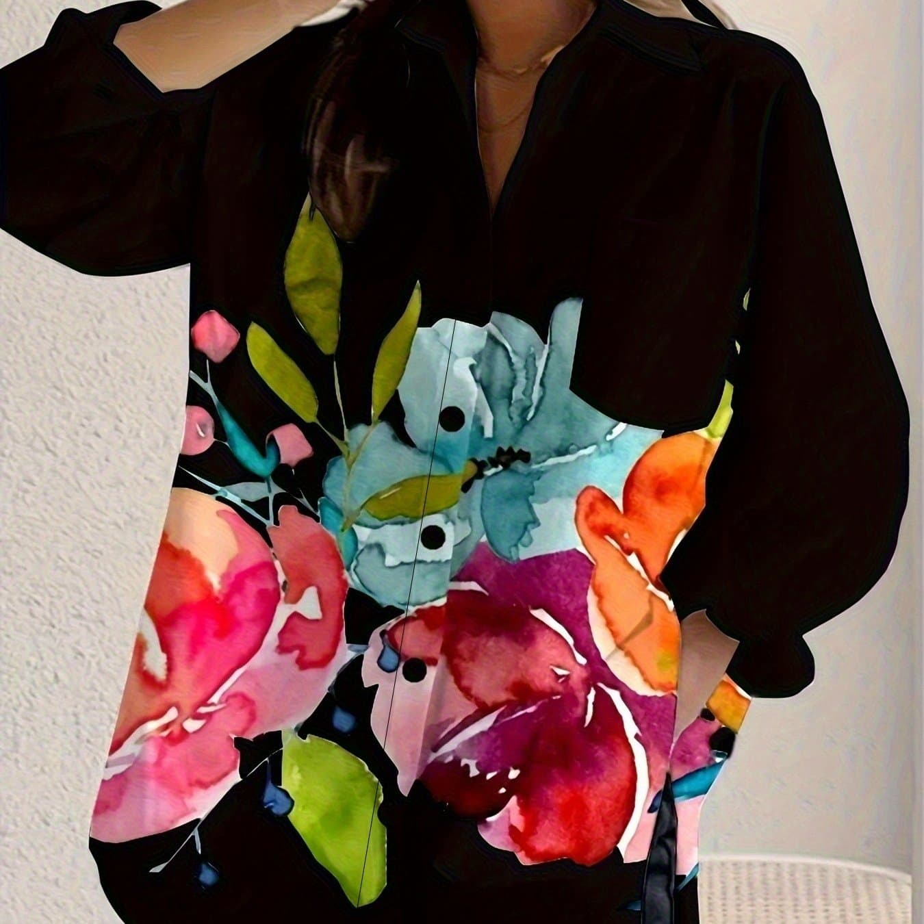 TEMU Plus Size, Women's Plus-size Floral Print Front-button Casual Shirt, Suitable For Spring And Summer