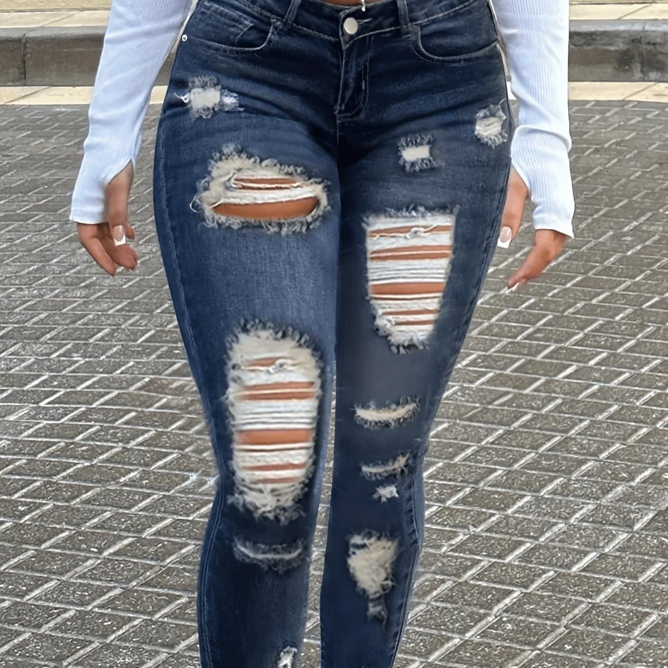 TEMU Women's Distressed Skinny Jeans: Mid-rise Stretch Denim With Vintage Wash, Edgy Style For Wear
