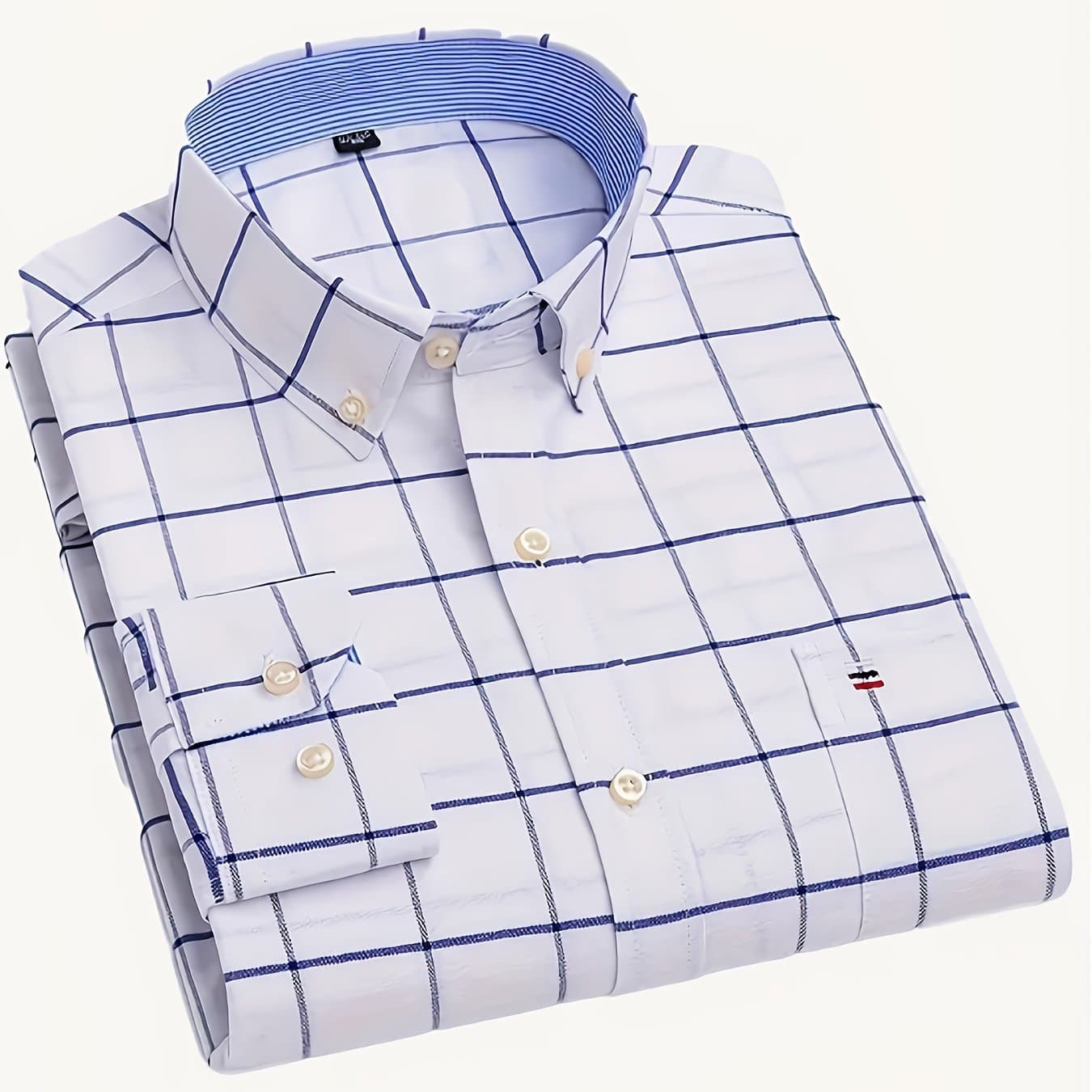 TEMU 100% Oxford Men's Long Sleeve Shirt With Striped Collar And Embroidered Chest , Fashionable And Versatile