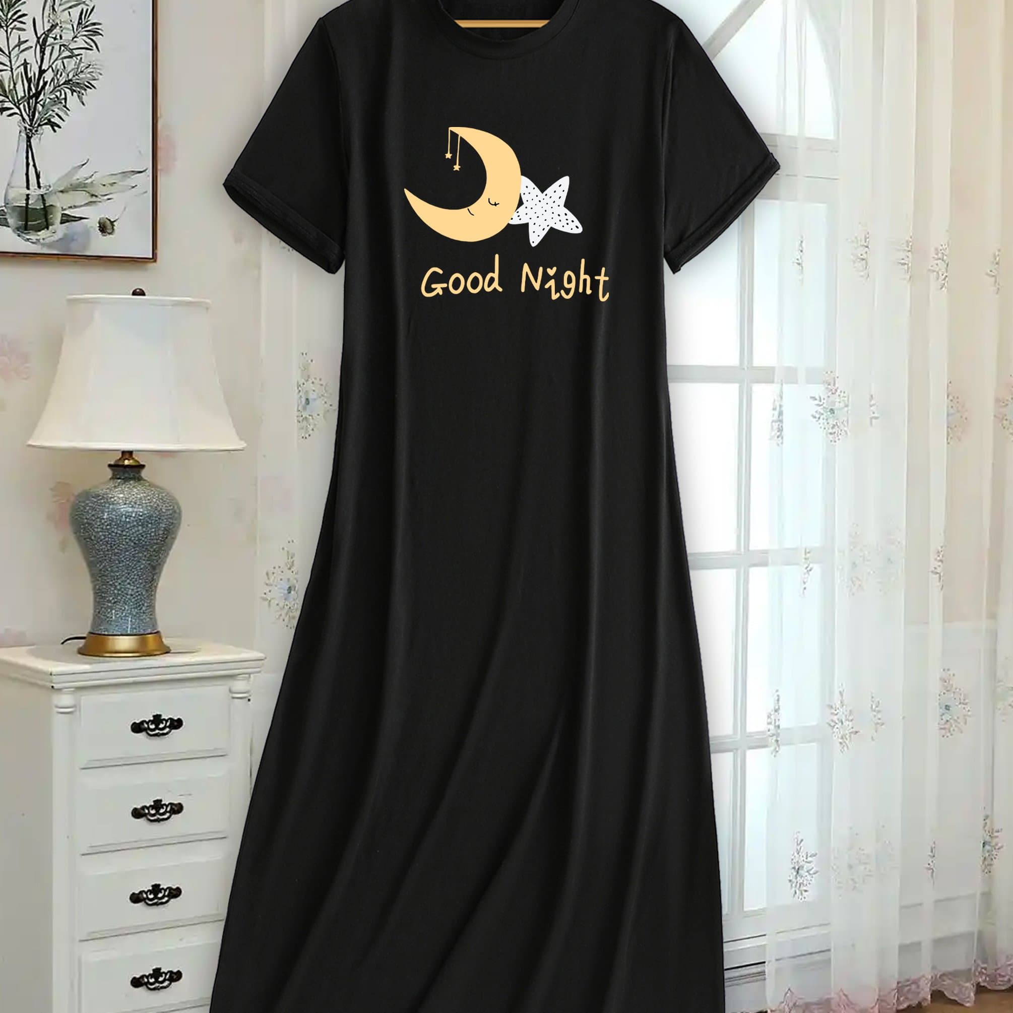TEMU Women's Moon And Casual Dress, Round Neck, Short Sleeve, Loose Fit, Breathable, Nightwear, Suitable For Bedroom And - Overseas Printing