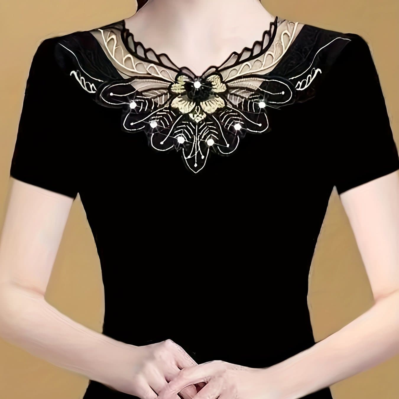 TEMU An Elegant And Stylish For Women, Featuring A Semi-transparent Lace Design With Irregular Neckline, Short Sleeves, And Embellished With Sparkling Diamonds, Perfect For A Luxurious